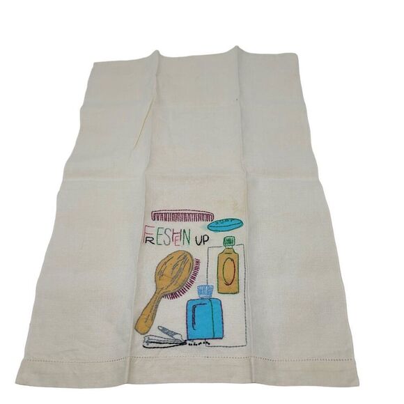 Vtg 60s Embroidered Linen Hand Towel Set Kitschy Vanity Bathroom Prop Display - Picture 8 of 9